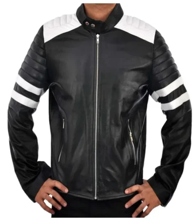 Black and White Cafe Racer Leather Jacket with Quilted Sleeves