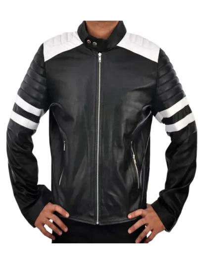 Black and White Cafe Racer Leather Jacket with Quilted Sleeves