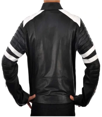Black and White Cafe Racer Leather Jacket with Quilted Sleeves