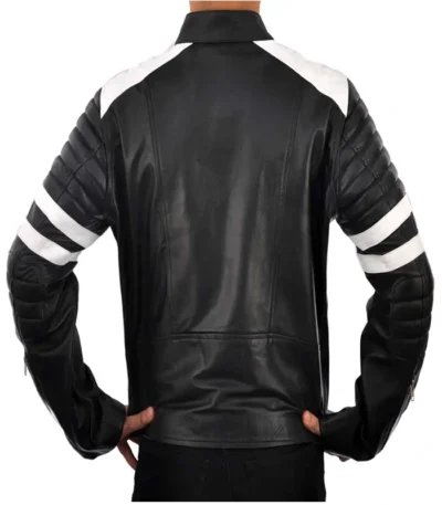 Black and White Cafe Racer Leather Jacket with Quilted Sleeves