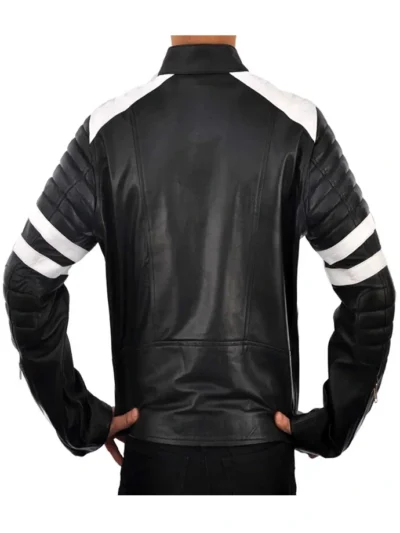Black and White Cafe Racer Leather Jacket with Quilted Sleeves