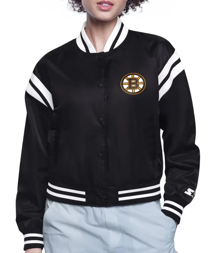 Boston Bruins Printed Logo Varsity Satin Jacket Boston Bruins Printed Logo Varsity Satin Jacket