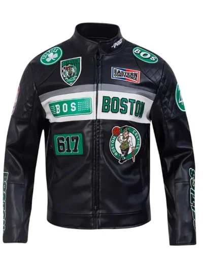 Boston Celtics Moto Men’s Black Leather Jacket