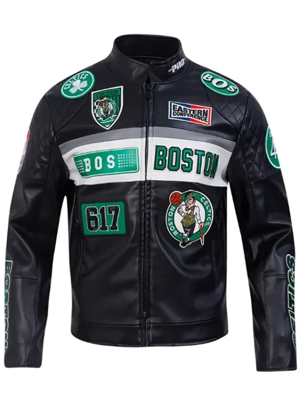 Boston Celtics Moto Men’s Black Leather Jacket