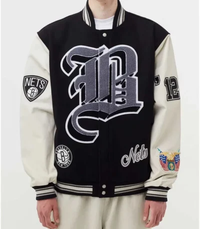 Brooklyn Nets 12 Letterman Black Wool and Leather Jacket