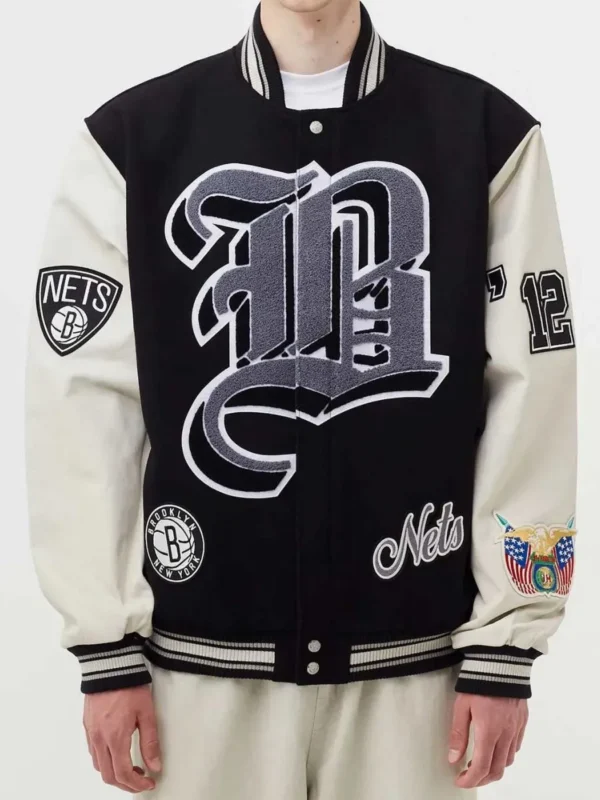Brooklyn Nets 12 Letterman Black Wool and Leather Jacket