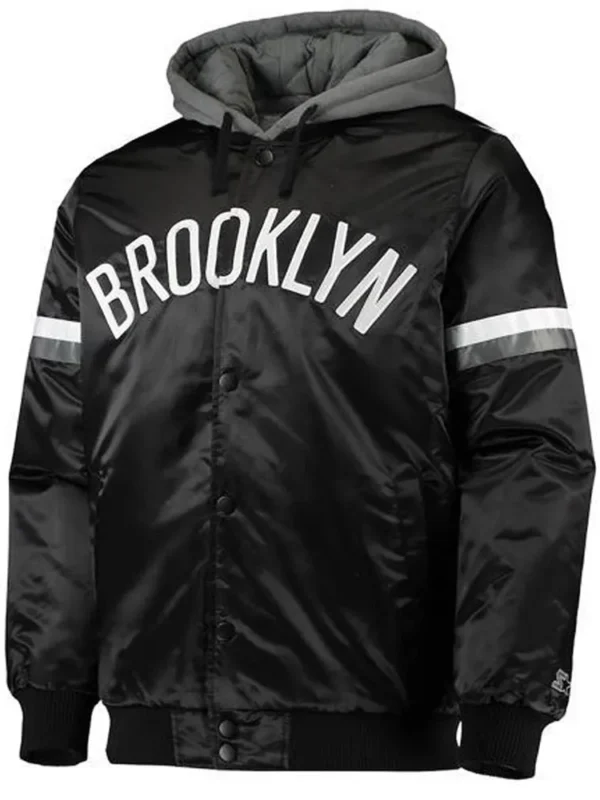 Brooklyn Nets Black Satin Jacket with Gray Hood
