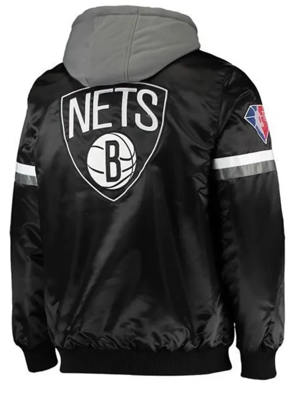 Brooklyn Nets Black Satin Jacket with Gray Hood