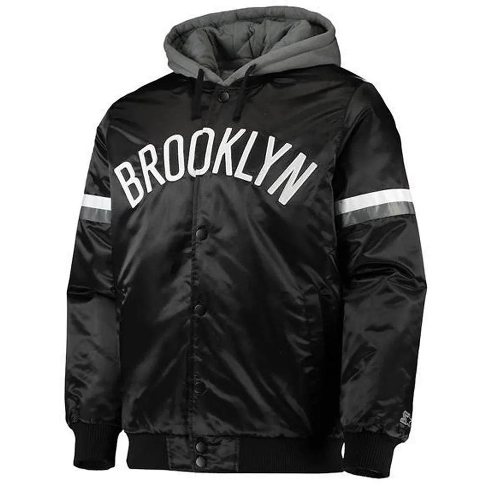 Brooklyn Nets Black Satin Jacket with Gray Hood Brooklyn Nets Black Satin Jacket with Gray Hood