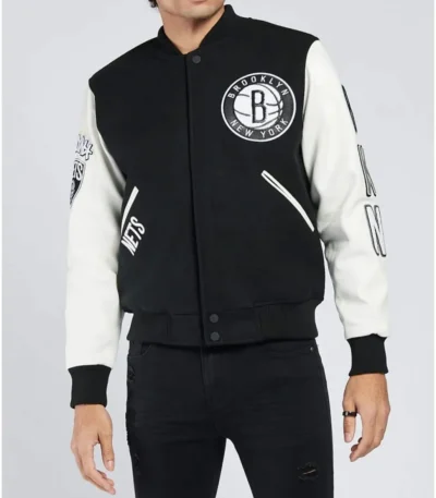 Brooklyn Nets Logo Black and White Letterman Jacket