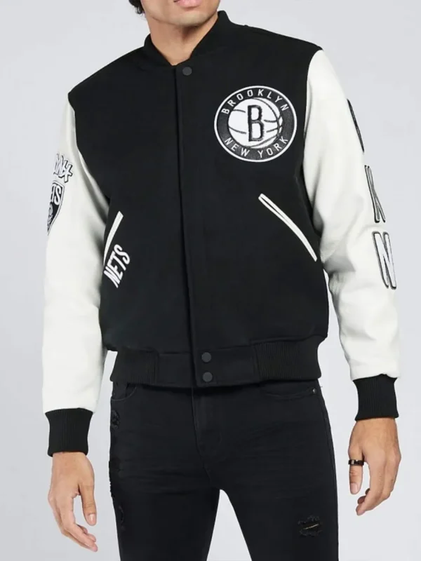 Brooklyn Nets Logo Black and White Letterman Jacket