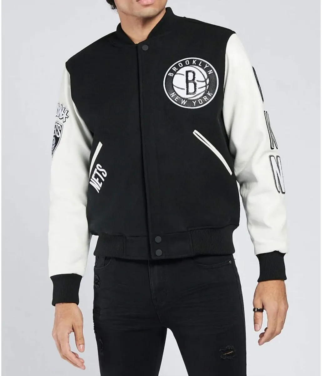 Brooklyn Nets Logo Black and White Letterman Jacket Brooklyn Nets Logo Black and White Letterman Jacket