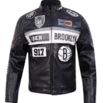 Brooklyn Nets Moto Black Leather Zip-up Jacket