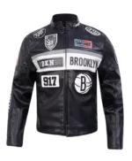 Brooklyn Nets Moto Black Leather Zip-up Jacket