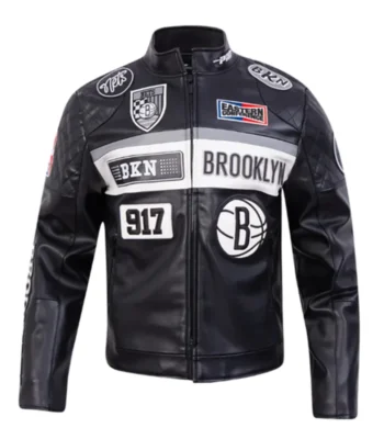 Brooklyn Nets Moto Black Leather Zip-up Jacket