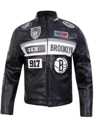 Brooklyn Nets Moto Black Leather Zip-up Jacket