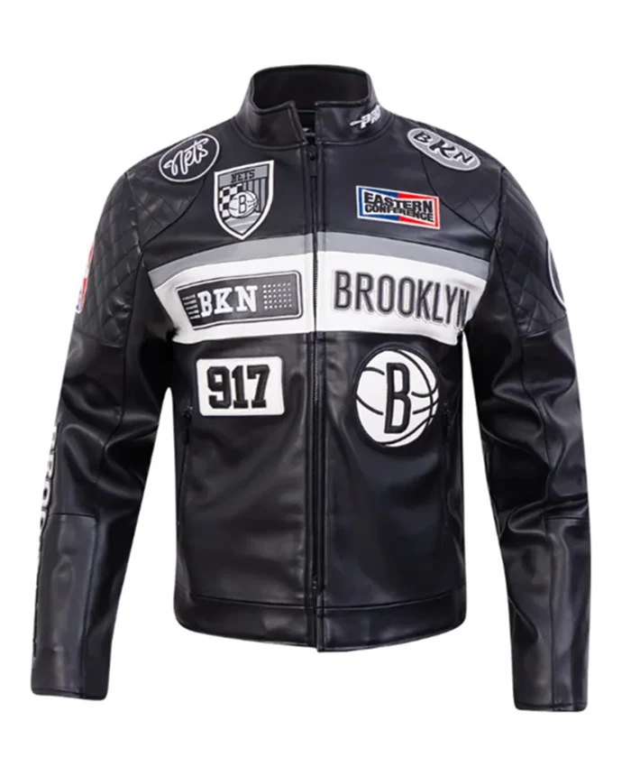 Brooklyn Nets Moto Black Leather Zip-up Jacket Brooklyn Nets Moto Black Leather Zip-up Jacket