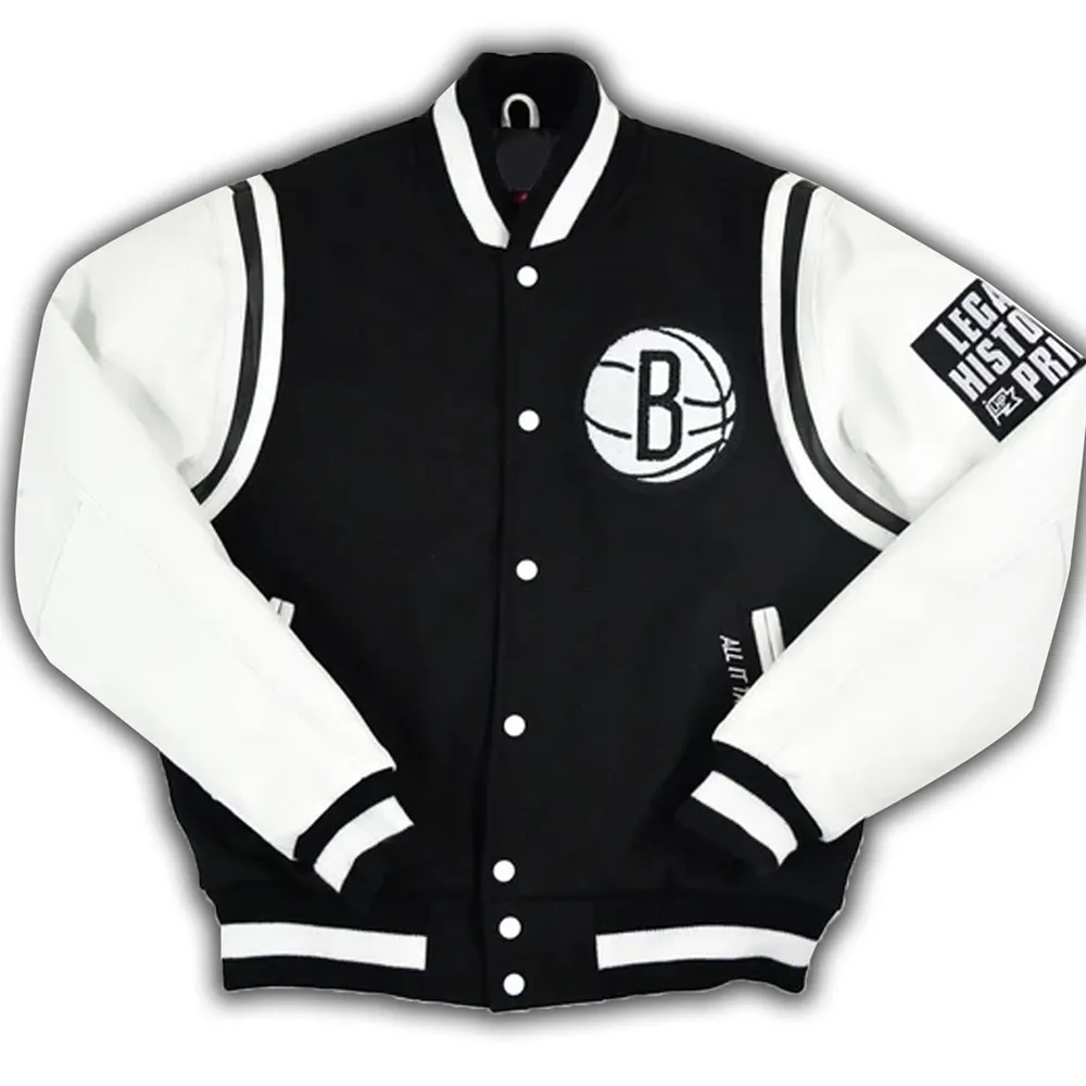 Brooklyn Nets Motto Black and White Varsity Jacket Brooklyn Nets Motto Black and White Varsity Jacket