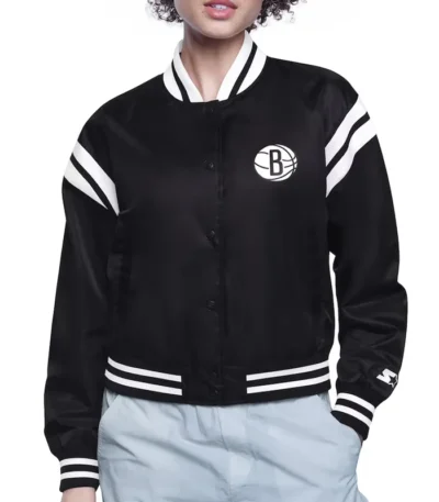Brooklyn Nets Printed Logo Varsity Satin Jacket