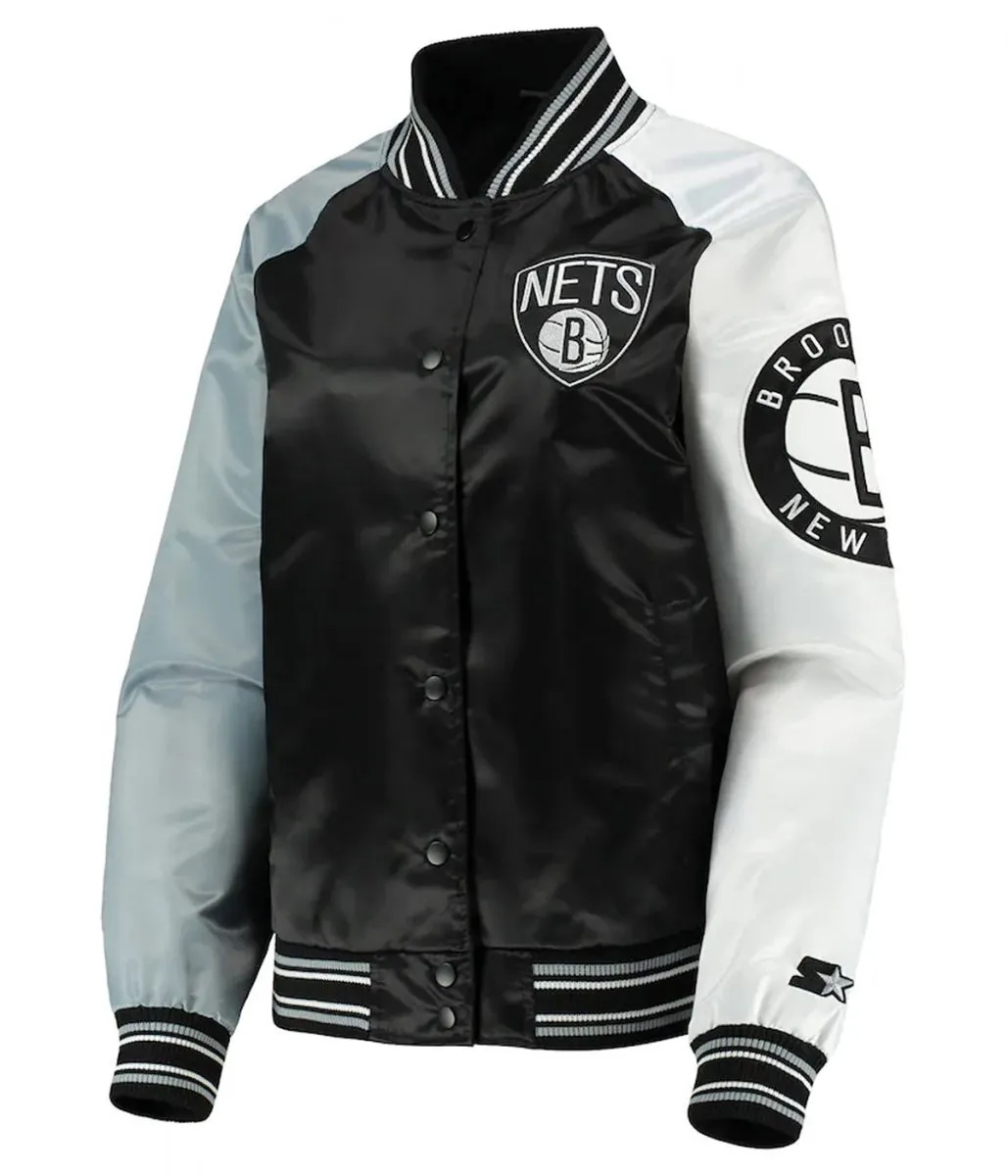 Brooklyn Nets Slider Gray Varsity Satin Jacket Brooklyn Nets Slider Gray Varsity Satin Jacket