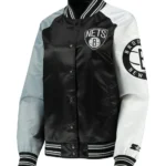 Brooklyn Nets Reliever Raglan Full-Snap Satin Black and Gray Jacket