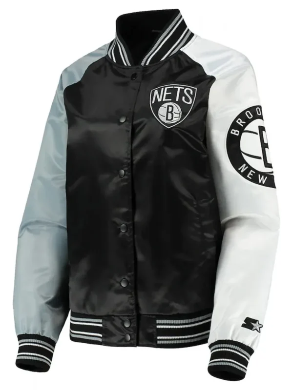 Brooklyn Nets Reliever Raglan Full-Snap Satin Black and Gray Jacket