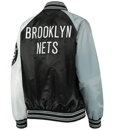 Brooklyn Nets Reliever Raglan Full-Snap Satin Black and Gray Jacket