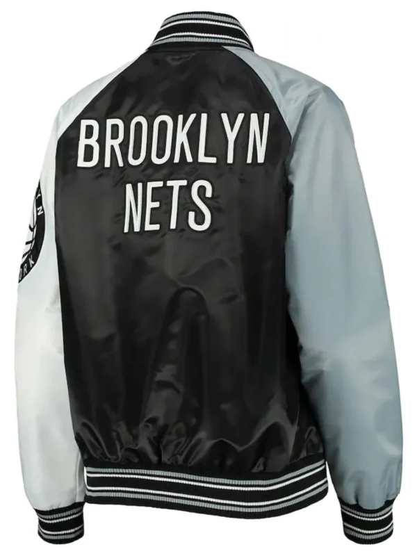 Brooklyn Nets Reliever Raglan Full-Snap Satin Black and Gray Jacket
