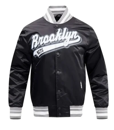 Brooklyn Nets Script Tail Black Satin Jacket