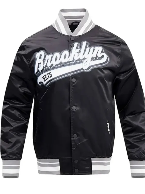 Brooklyn Nets Script Tail Black Satin Jacket