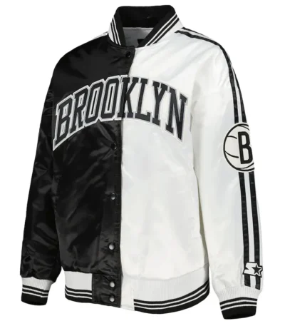 Brooklyn Nets Split Colorblock Black and White Satin Jacket