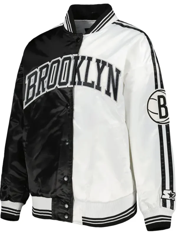 Brooklyn Nets Split Colorblock Black and White Satin Jacket