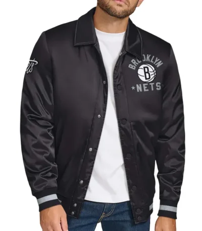Brooklyn Nets Stitch Applique Black Satin Jacket