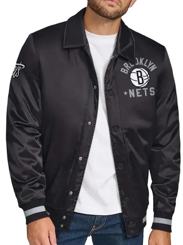 Brooklyn Nets Stitch Applique Black Satin Jacket