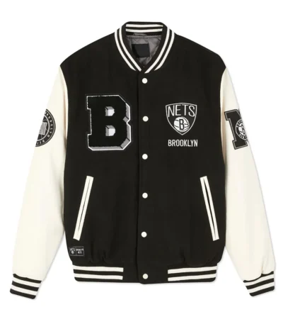 Brooklyn Nets Varsity Black and Off White Jacket