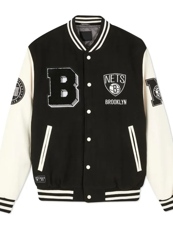 Brooklyn Nets Varsity Black and Off White Jacket