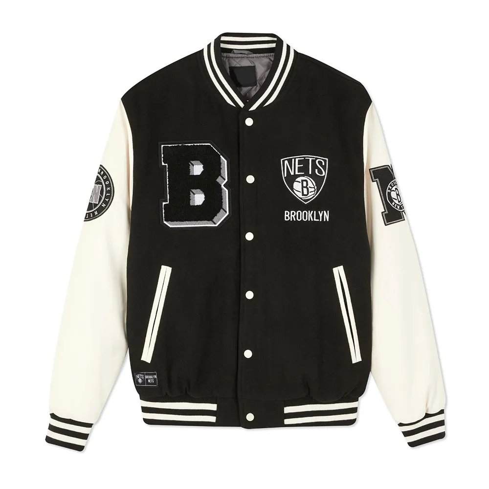 Brooklyn Nets Varsity Black and Off White Jacket Brooklyn Nets Varsity Black and Off White Jacket
