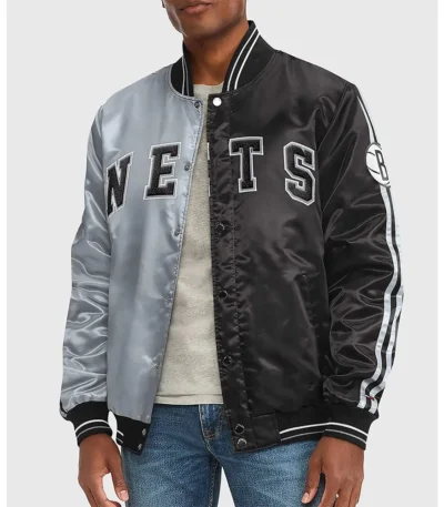 Brooklyn Nets Varsity Satin Gray and Black Jacket