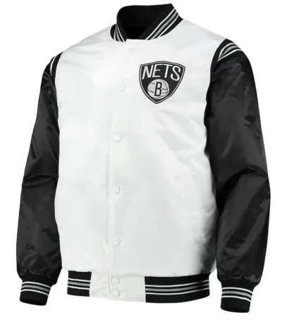 Brooklyn Nets White and Black Varsity Satin Jacket