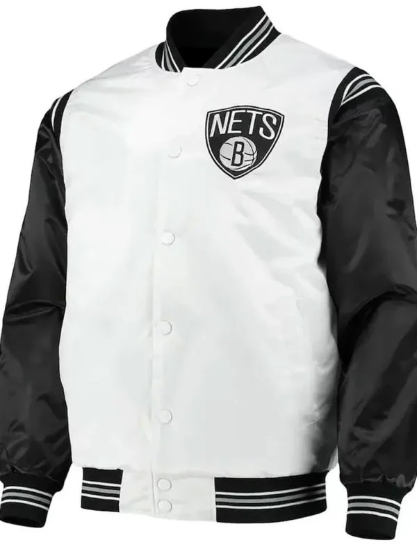 Brooklyn Nets White and Black Varsity Satin Jacket
