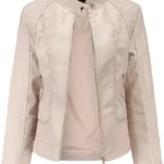 Casual Spring Slim Ladies Beige Leather Jacket With Stand-up Collar