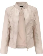Casual Spring Slim Ladies Beige Leather Jacket With Stand-up Collar