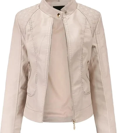 Casual Spring Slim Ladies Beige Leather Jacket With Stand-up Collar