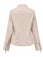 Casual Spring Slim Ladies Beige Leather Jacket With Stand-up Collar