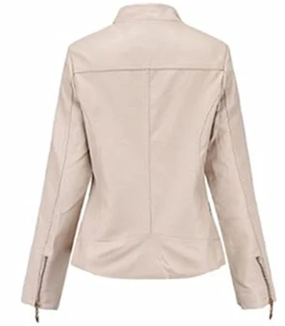 Casual Spring Slim Ladies Beige Leather Jacket With Stand-up Collar