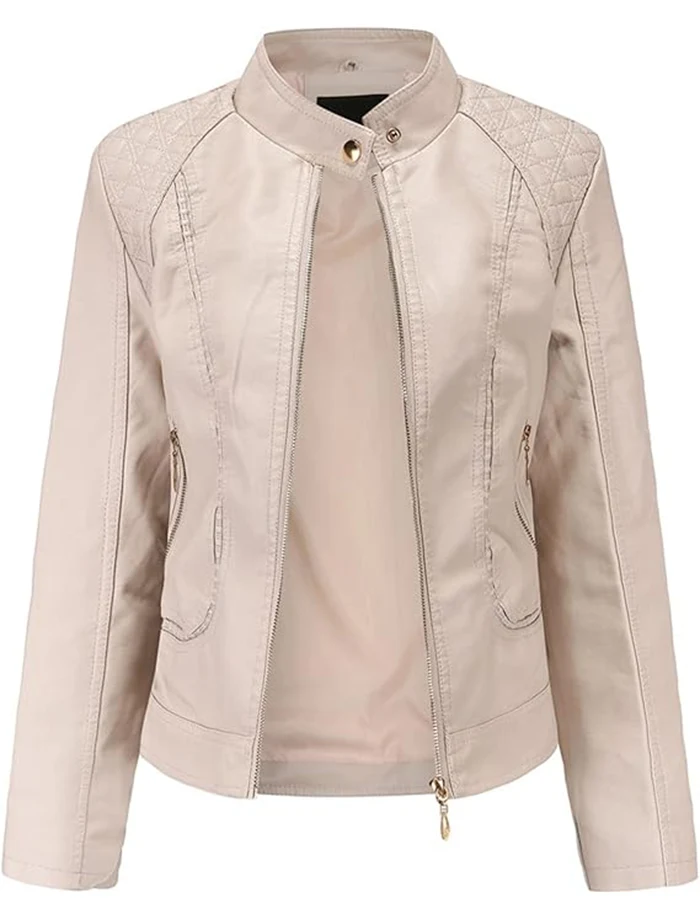 Casual Spring Slim Ladies Beige Leather Jacket With Stand-up Collar Casual Spring Slim Ladies Beige Leather Jacket With Stand-up Collar