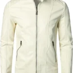 Classic Beige Men’s Leather Jacket For Bikers Stand Collar