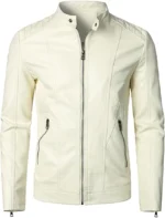 Classic Beige Men’s Leather Jacket For Bikers Stand Collar