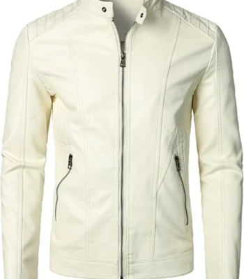 Classic Beige Men’s Leather Jacket For Bikers Stand Collar