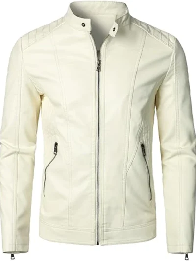 Classic Beige Men’s Leather Jacket For Bikers Stand Collar